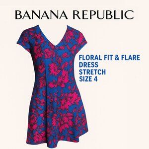 Banana Republic Floral Fit & Flare Dress Pink Blue Stretch V-Neck Size 4